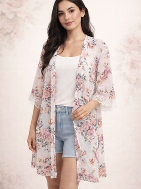 Wallflower Sheer Floral Kimono in White and Pink Peach